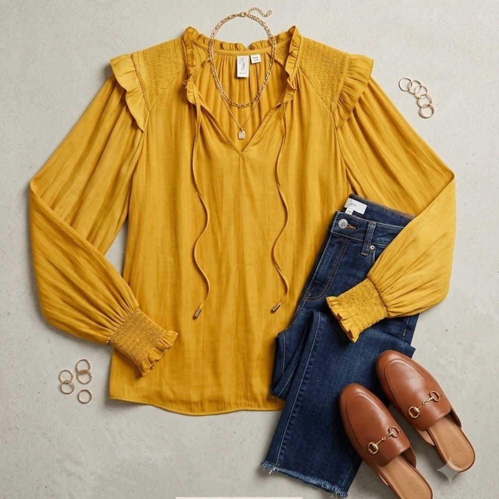 Joie Blouse M Mustard Yellow Satin Smocked Ruffle Boho Peasant Top Long Sleeve